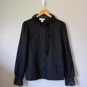 1980s Vintage Lady Holiday Black Button Up Blouse with Lace